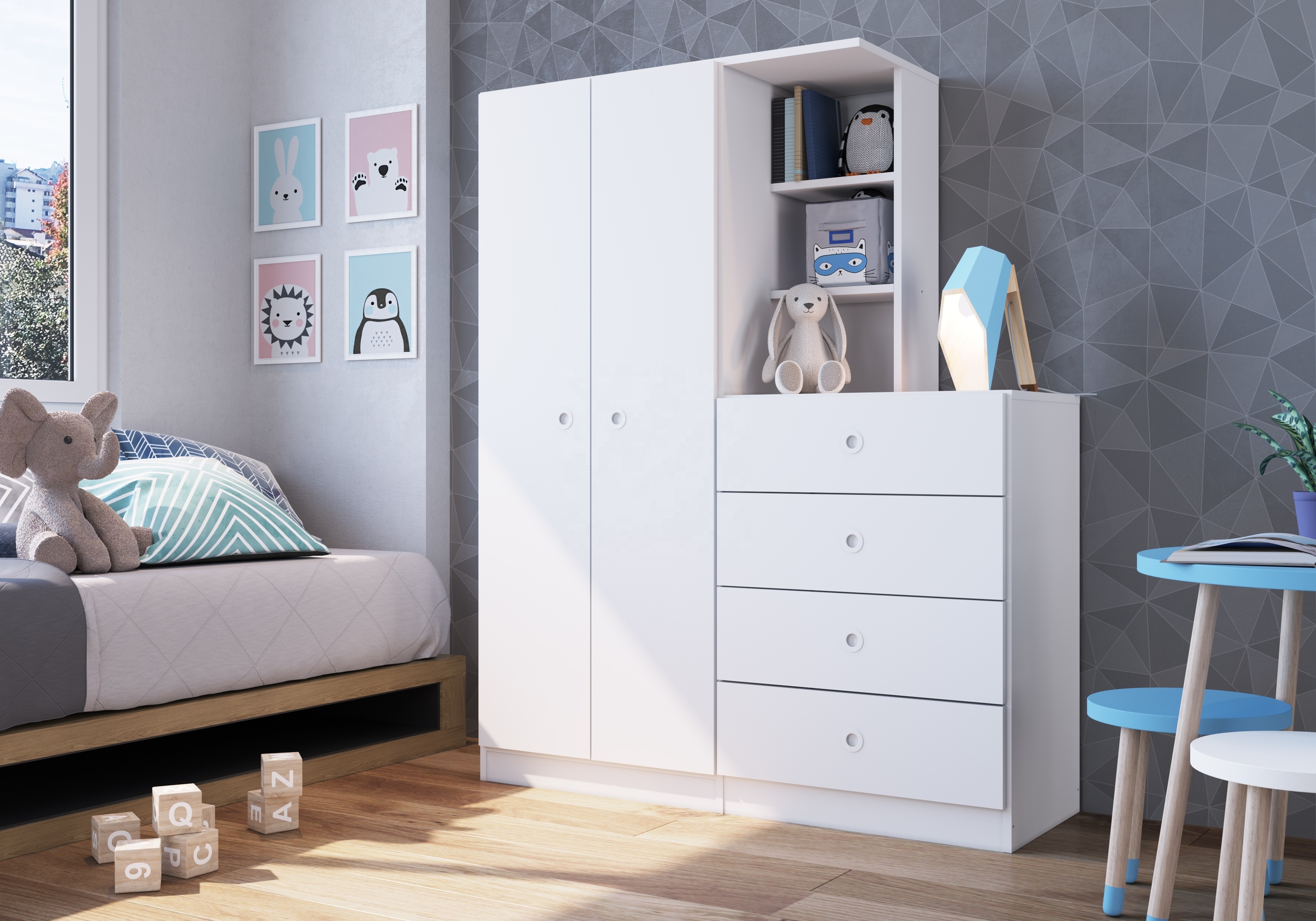 Modern Style Kids Bedroom Wardrobe 2 doors 4 drawers MONTESSORIANO Child Furniture Wood Cabinet Particleboard White Brazilian