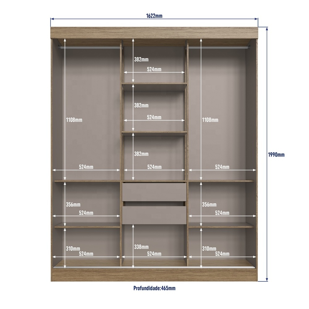 Modern Style Wardrobe ESSENTIAL 3 sliding doors 2 drawers Home Bedroom Furniture Particleboard Wood Color Brazilian Top Design