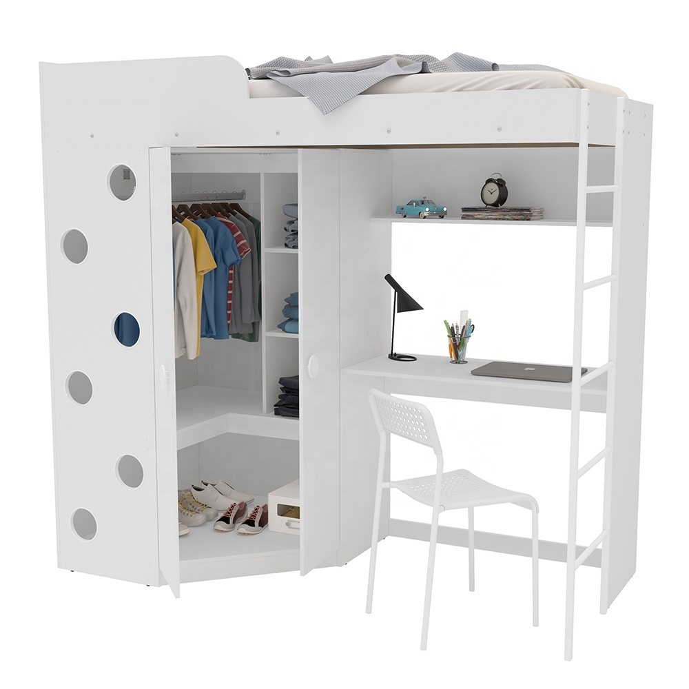 Modern Style Multiuse ALAGOAS tall bed with 2 doors wardrobe and working desk Home Bedroom Furniture Particleboard White Color