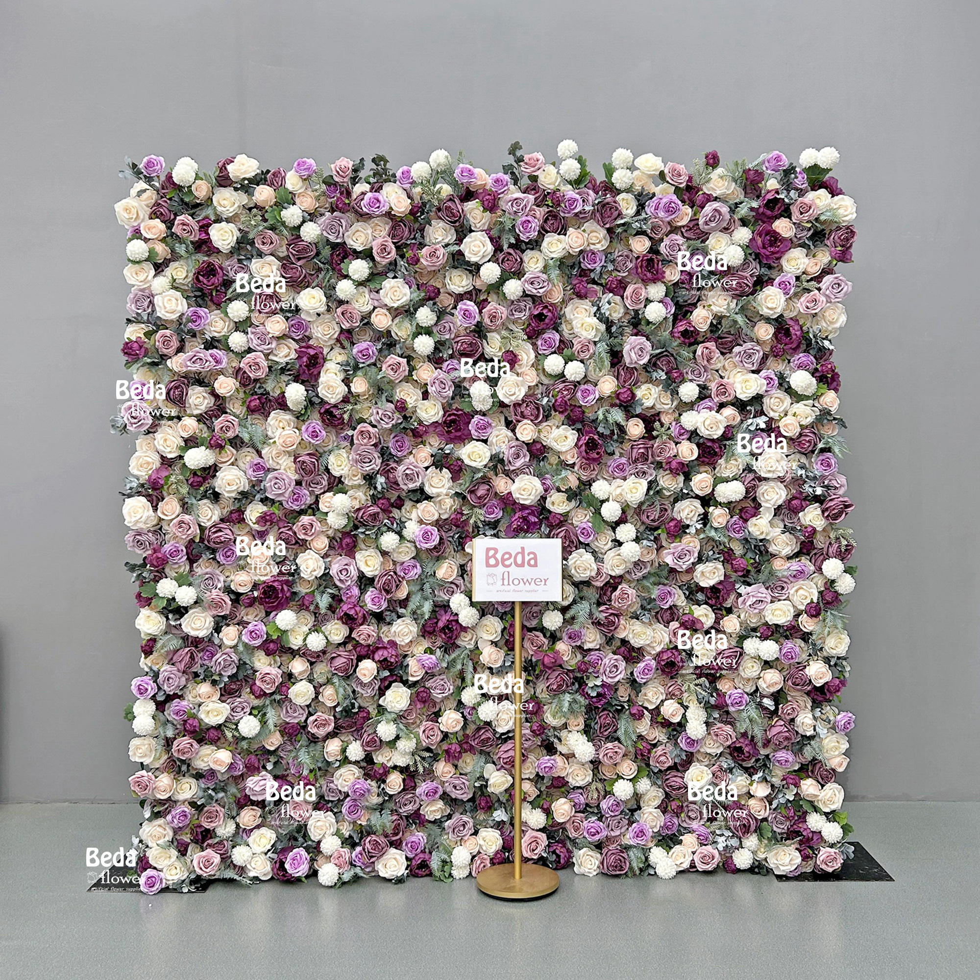 New Product Silk Floral Wedding Background Purple White Backdrop Artificial Flower Roll Up Flower Wall