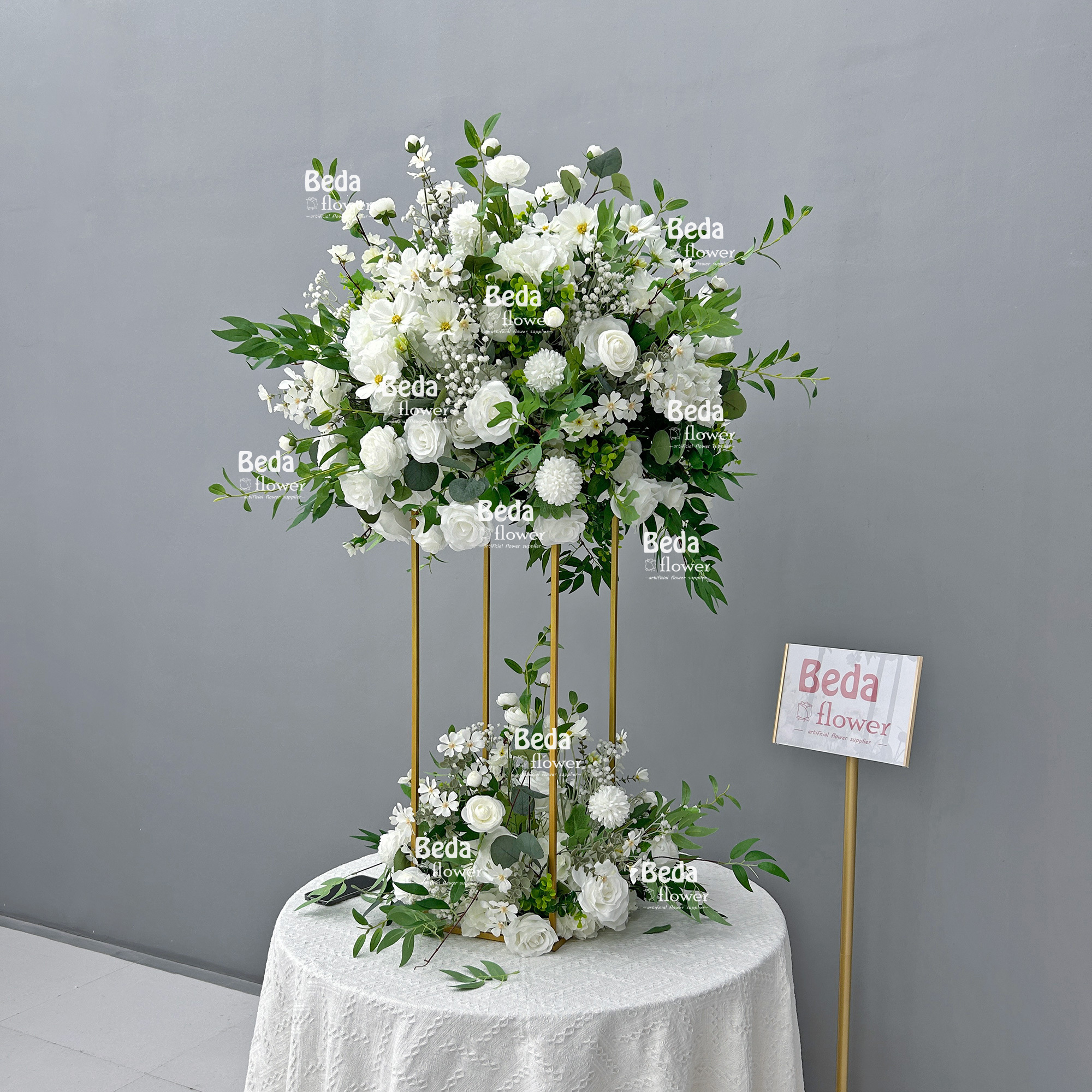 Beda Flower 60cm White Rose Daisy and Baby Breath Wedding Decor Flower Ball Banquet Event Table Centerpieces