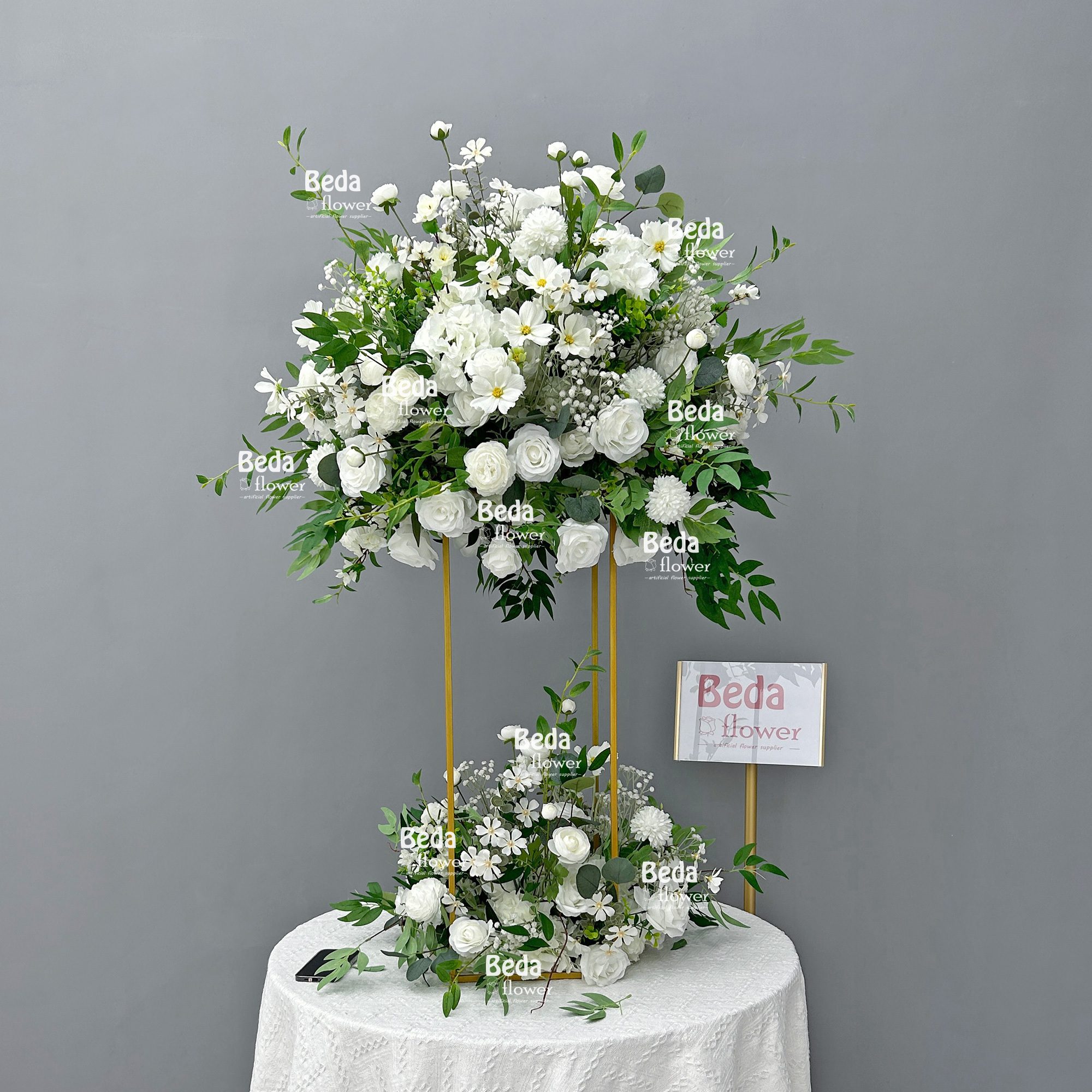 Beda Flower 60cm White Rose Daisy and Baby Breath Wedding Decor Flower Ball Banquet Event Table Centerpieces