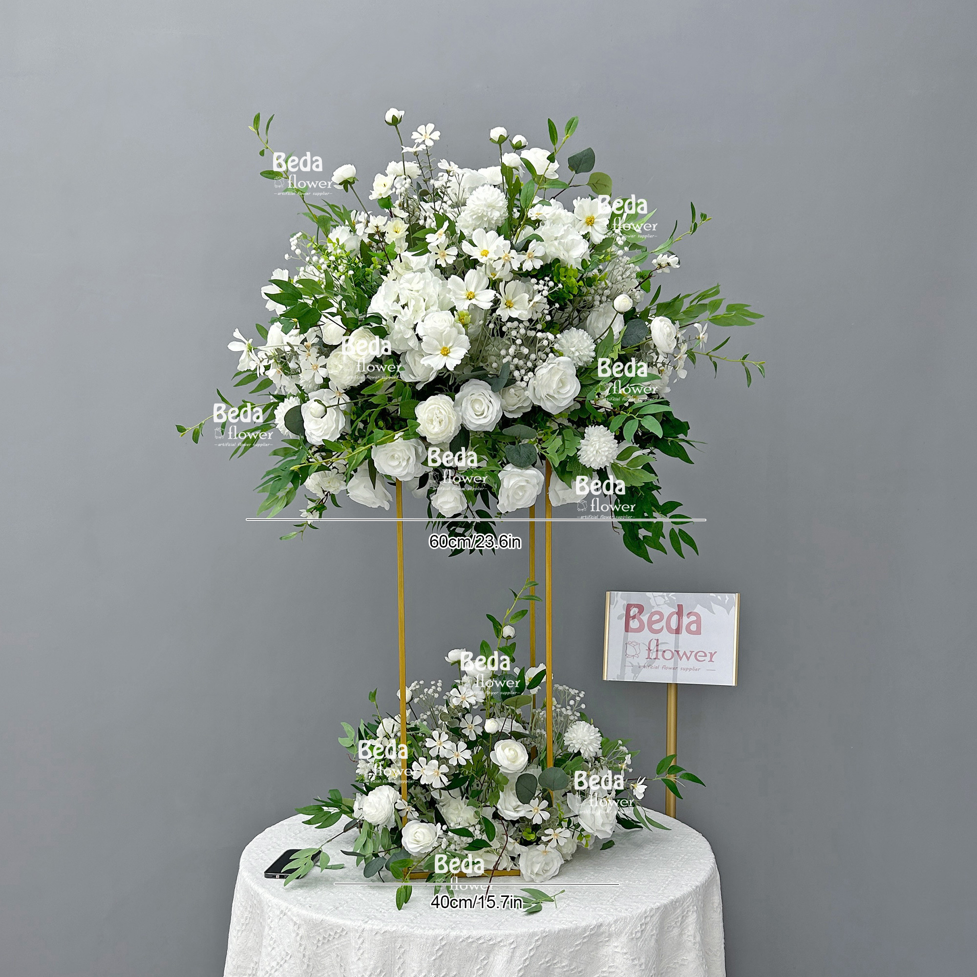 Beda Flower 60cm White Rose Daisy and Baby Breath Wedding Decor Flower Ball Banquet Event Table Centerpieces