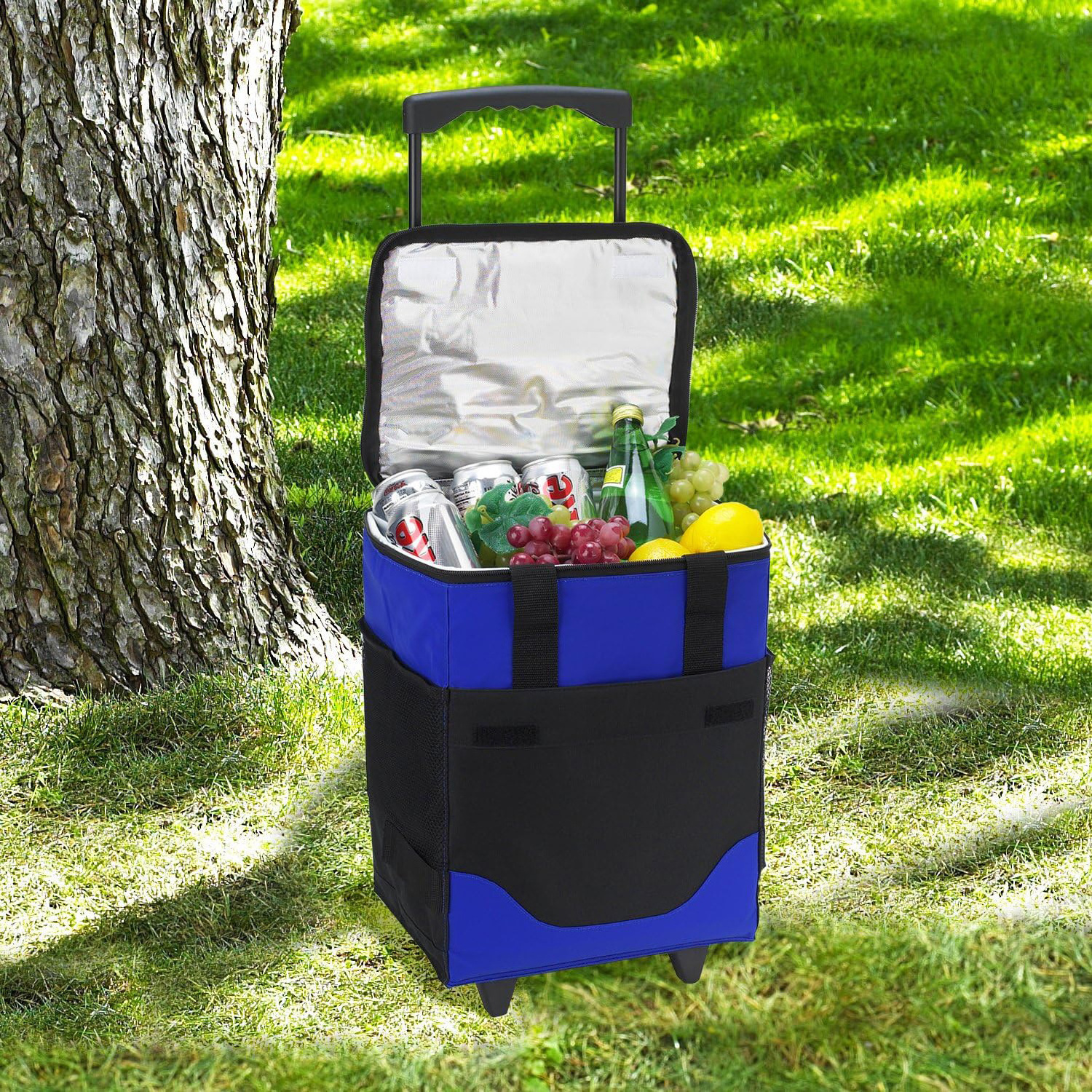 Bigger Blue Polyester Rolling Trolley Dolly Folding Insulated Cooler Bag