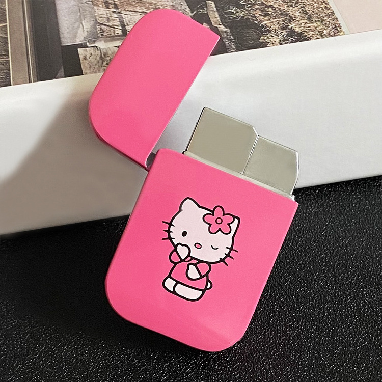 Free Sample Luminous Shiny Cartoon Pattern Lighter Pink Flame Windproof Cute Kuromi Hello Kitty Lighter