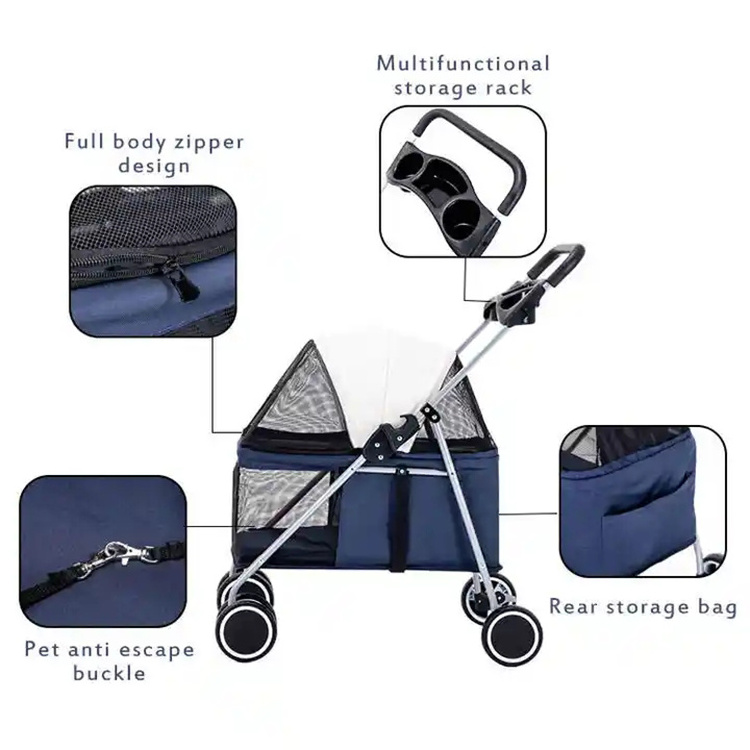 Great Quality Small Animals Carrier Pet Stroller Travel 4 Wheels Outdoor Folded Cat Pet Dog Stroller