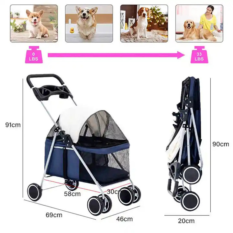 Great Quality Small Animals Carrier Pet Stroller Travel 4 Wheels Outdoor Folded Cat Pet Dog Stroller