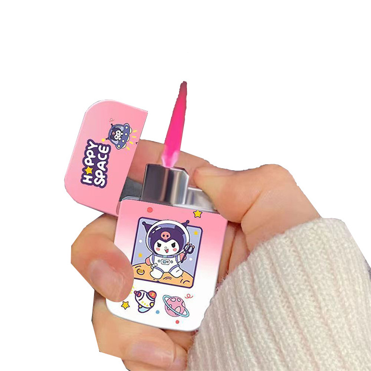 Pink Straight Inflatable Lighter The Latest Hello Kitty Pink Flame Lighter Windproof Metal Fashion Ultra Thin Electric Lighter