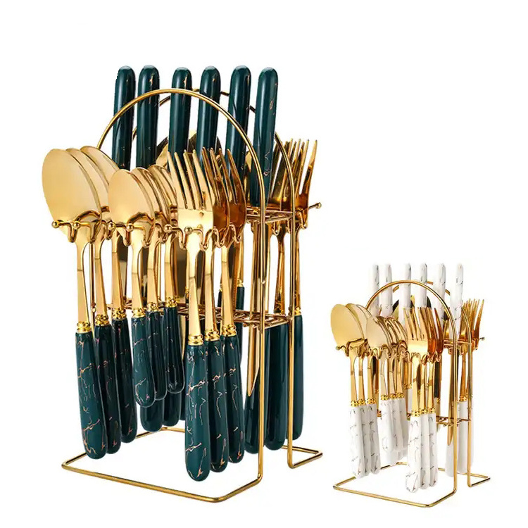 Reusable Luxury 24 Pieces Gold Ceramic Handle Stainless Steel Hot Selling High Quality Knife Fork Spoon Set Cutlery