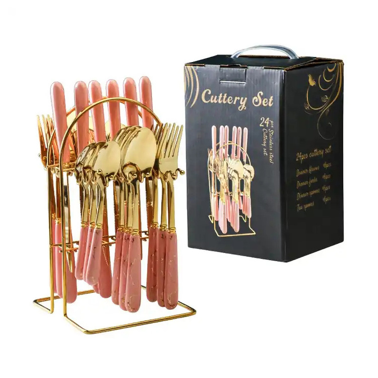 Reusable Luxury 24 Pieces Gold Ceramic Handle Stainless Steel Hot Selling High Quality Knife Fork Spoon Set Cutlery