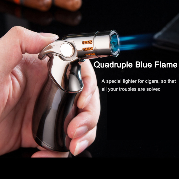 Wholesale Portable Four Flame Direct Punch Desktop Lighter Wormwood Cigar Special Windproof Welding Gun Lighter