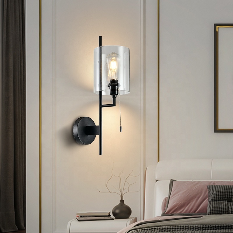 Modern Home Wall Sconce Fixtures Glass Lampshade with Pull-chain Switch Wall Light