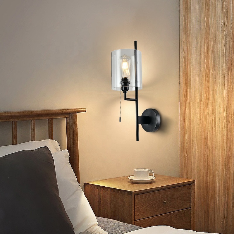 Modern Home Wall Sconce Fixtures Glass Lampshade with Pull-chain Switch Wall Light