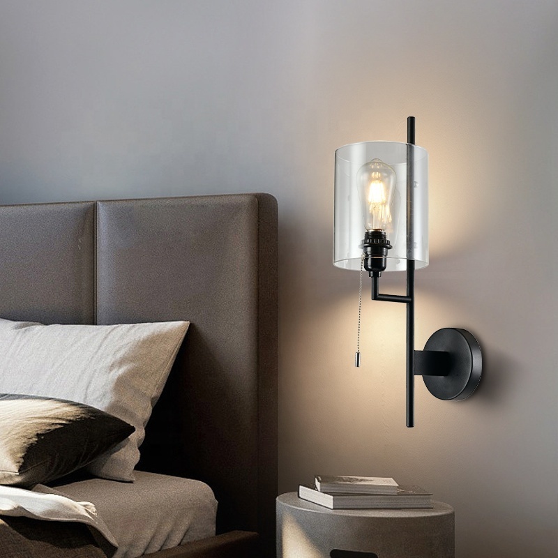 Modern Home Wall Sconce Fixtures Glass Lampshade with Pull-chain Switch Wall Light