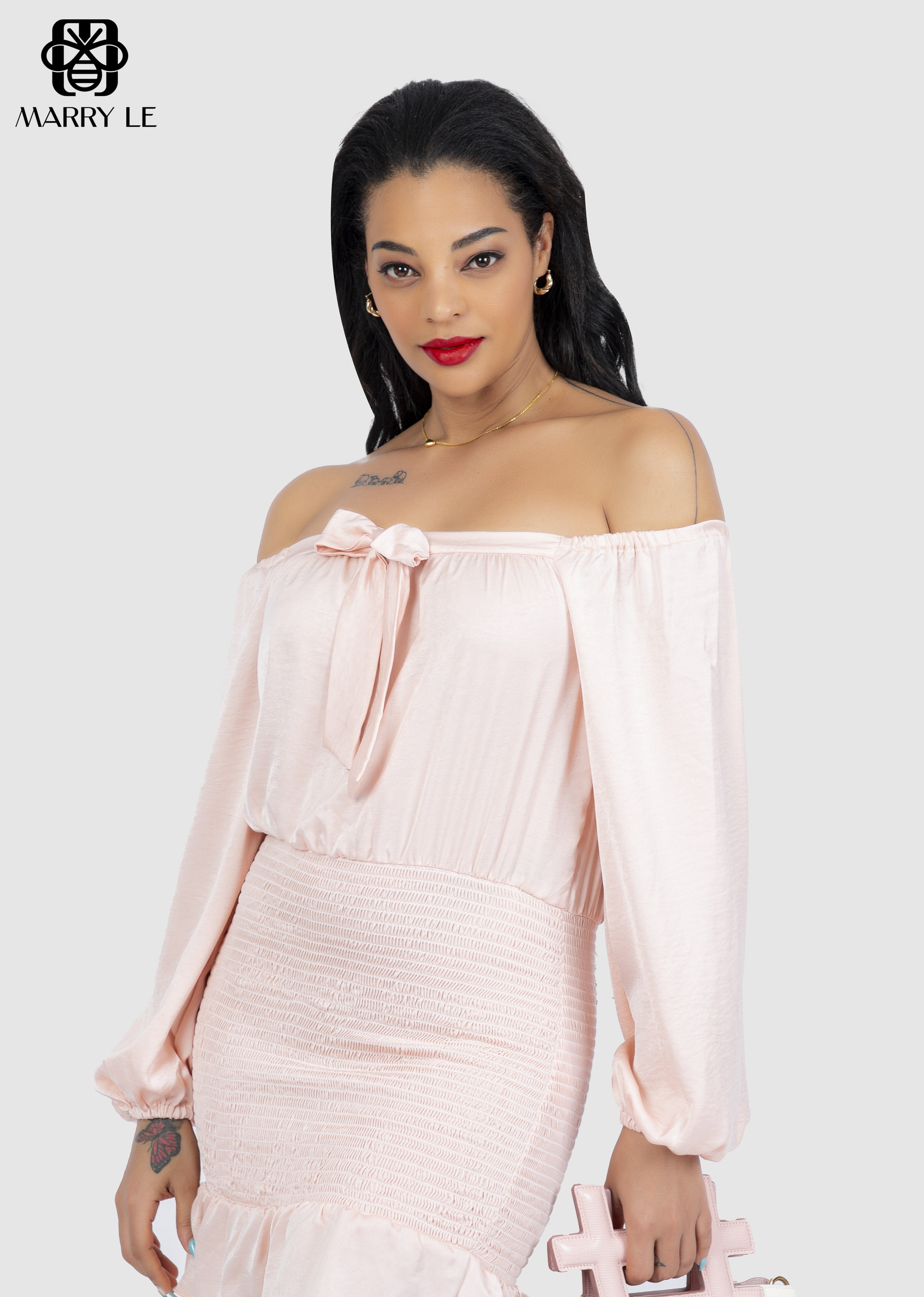 OFF-SHOULDER BUSINESS BABY PINK SATIN DRESS - MD26 Bring style and confidence everyday for sale