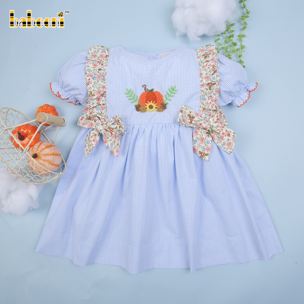 Pumpkin French knot embroidery baby ruffle dress OEM ODM kids smock dress customized embroidery wholesale manufacturer - BB3021