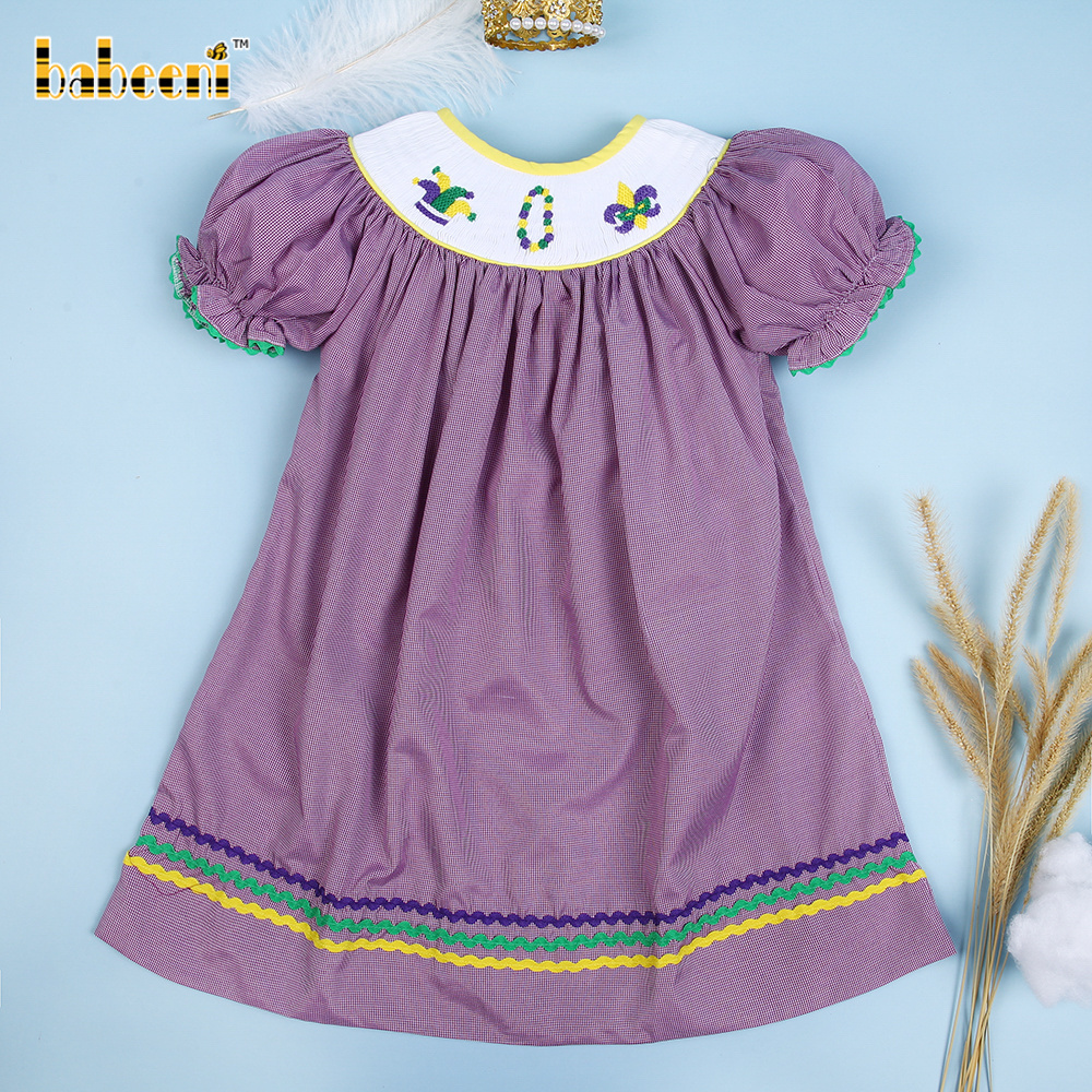 Mardi gras smocked violet gingham dress for baby girl OEM ODM kids girl clothing wholesale - BB1970