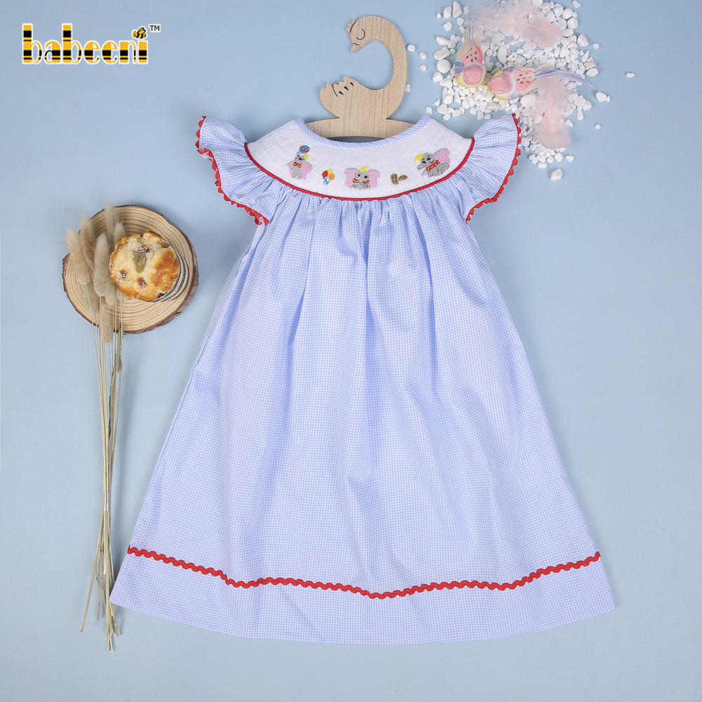 Elephant hand smocked baby girl bishop dress OEM ODM customized hand made embroidery wholesale smocked dresses - BB2873