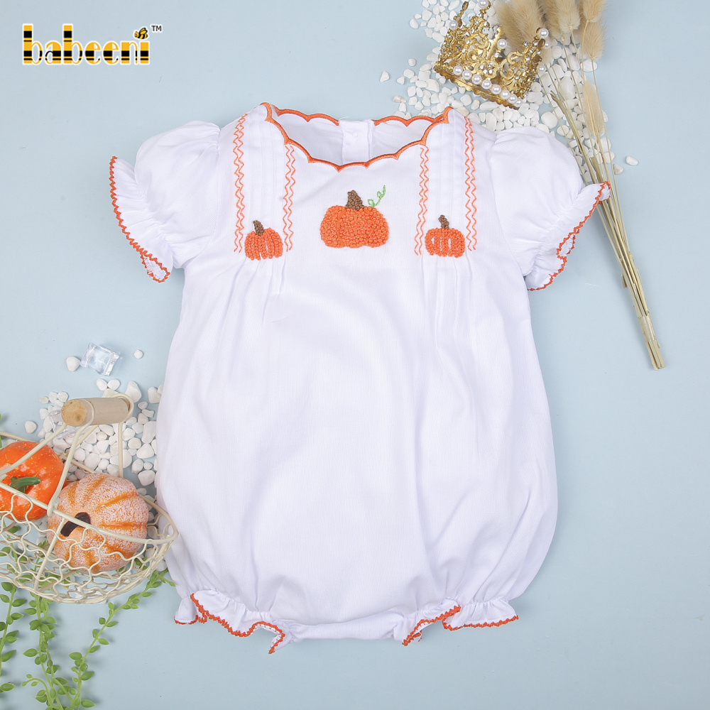 Pumpkin French knot embroidery baby girl bubble OEM ODM baby smocked romper wholesale manufacturer - BB2961