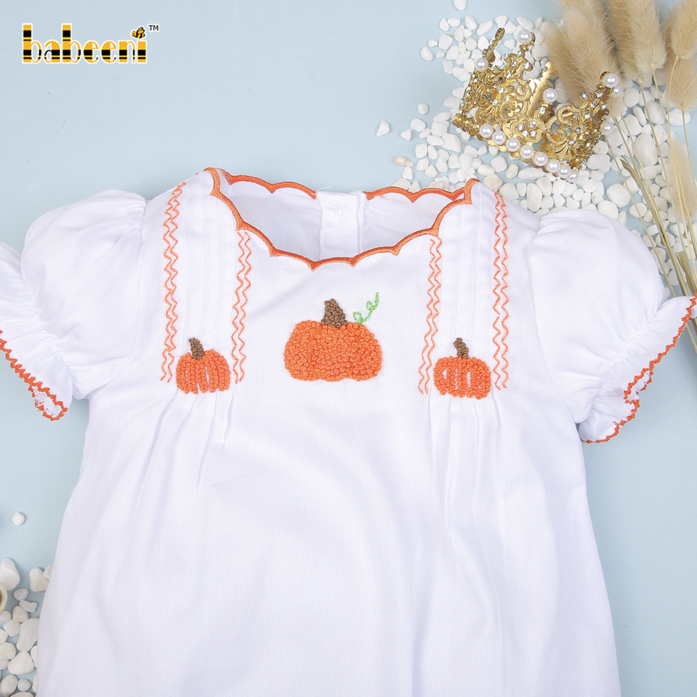 Pumpkin French knot embroidery baby girl bubble OEM ODM baby smocked romper wholesale manufacturer - BB2961