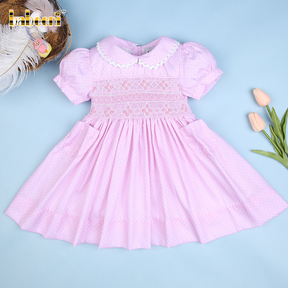 Pink polka dot geometric smocked dress for baby girl OEM ODM kids smocked clothing wholesale smocked dresses - BB2540