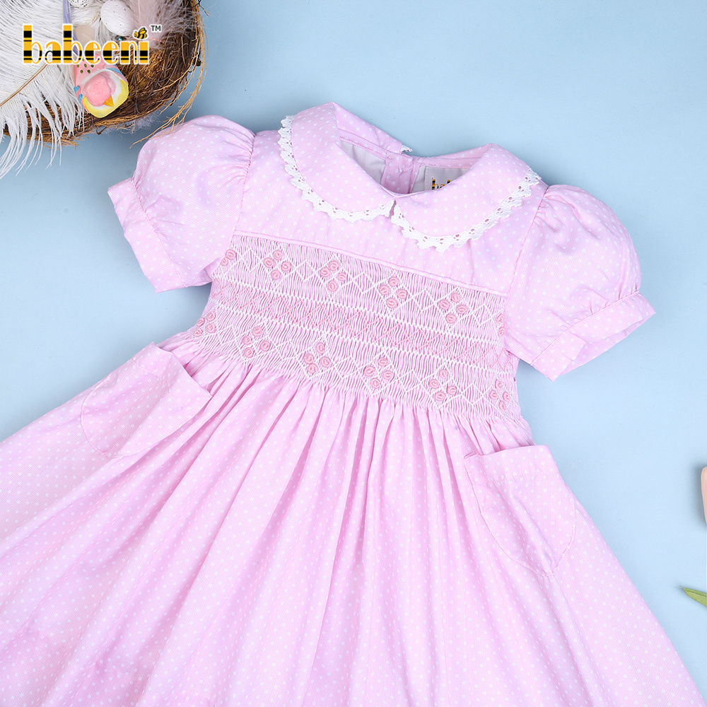 Pink polka dot geometric smocked dress for baby girl OEM ODM kids smocked clothing wholesale smocked dresses - BB2540