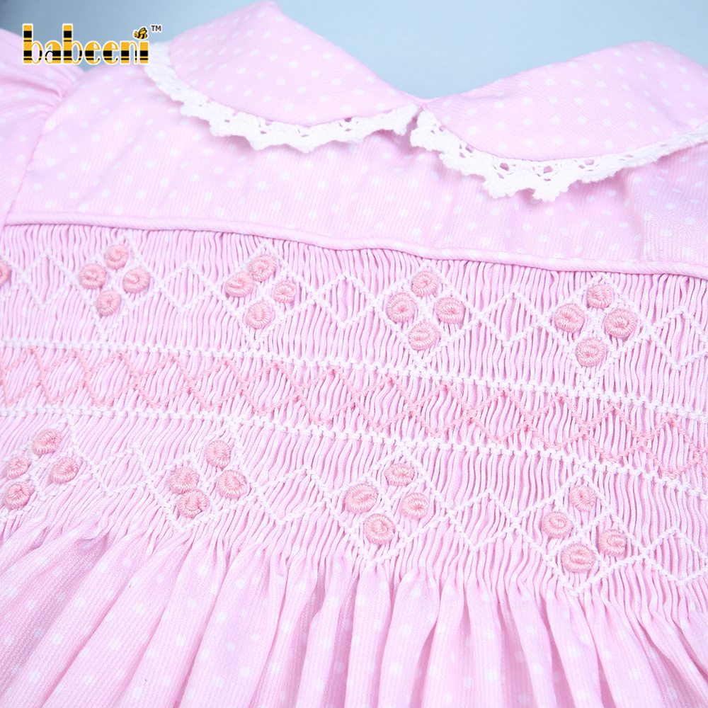 Pink polka dot geometric smocked dress for baby girl OEM ODM kids smocked clothing wholesale smocked dresses - BB2540