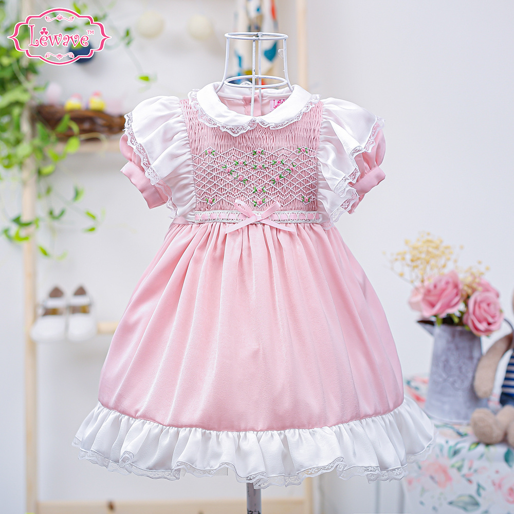 Lovely ribbon pink satin smock dress baby girls ODM OEM smocked dresses girl princess dresses - LD427