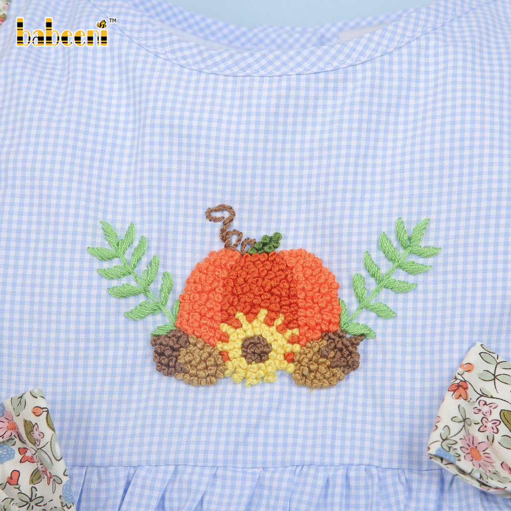 Pumpkin French knot embroidery baby ruffle dress OEM ODM kids smock dress customized embroidery wholesale manufacturer - BB3021