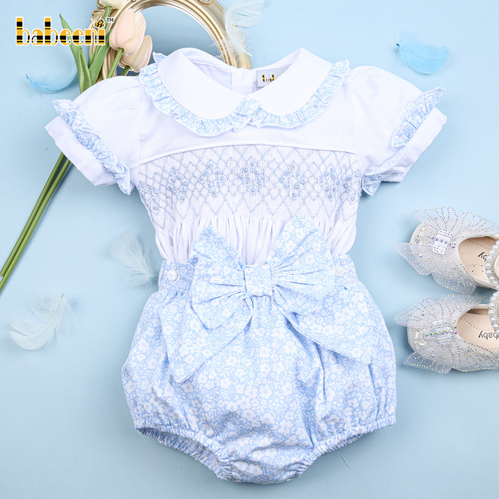 Blue floral geometric smocking little girls clothings set OEM ODM wholesale smocked baby clothing - BB2510