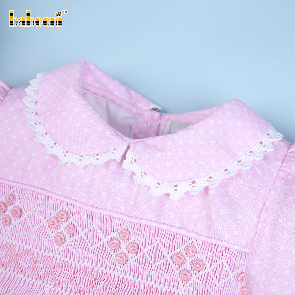 Pink polka dot geometric smocked dress for baby girl OEM ODM kids smocked clothing wholesale smocked dresses - BB2540