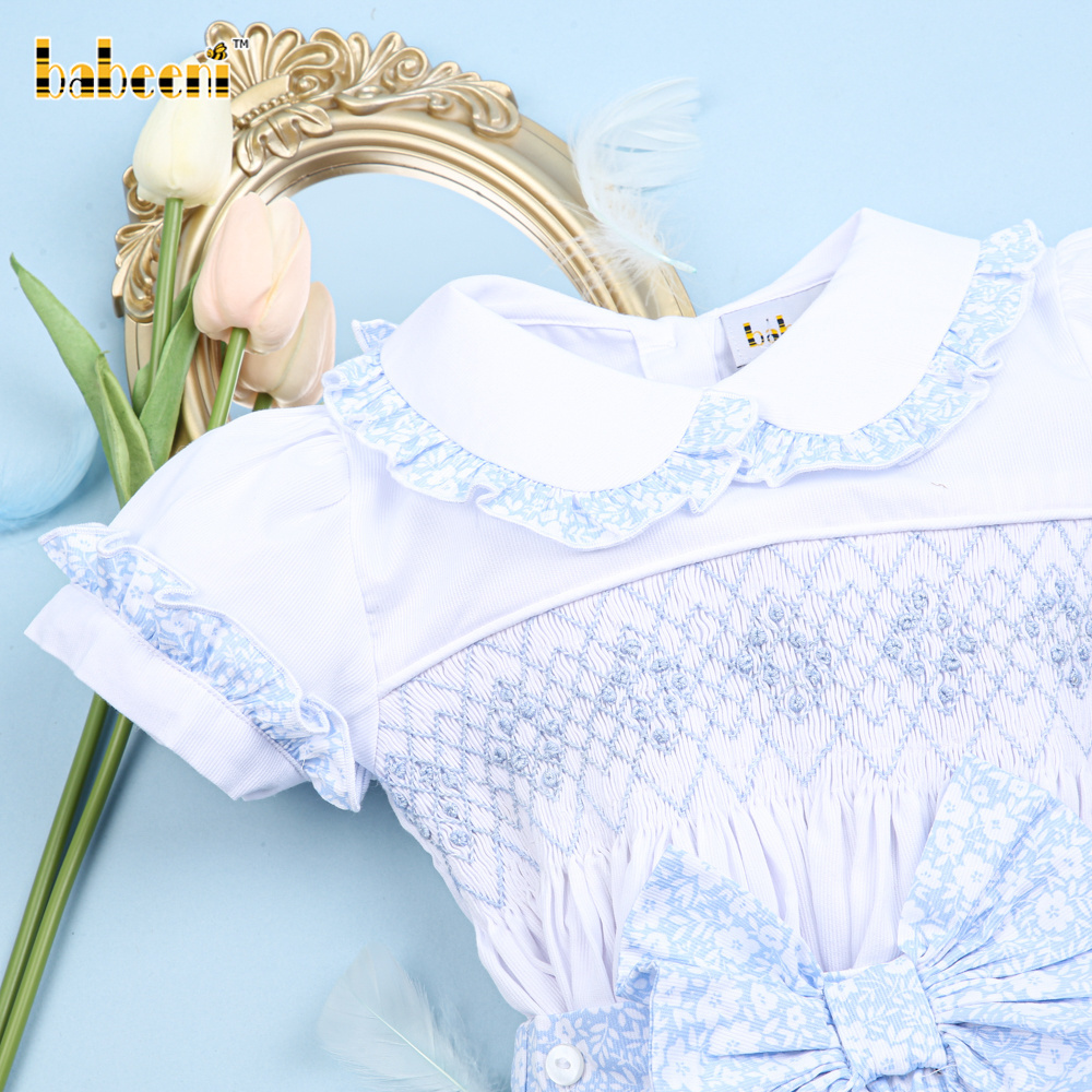 Blue floral geometric smocking little girls clothings set OEM ODM wholesale smocked baby clothing - BB2510