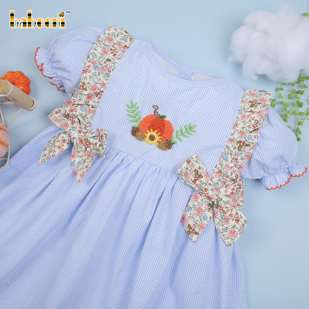 Pumpkin French knot embroidery baby ruffle dress OEM ODM kids smock dress customized embroidery wholesale manufacturer - BB3021