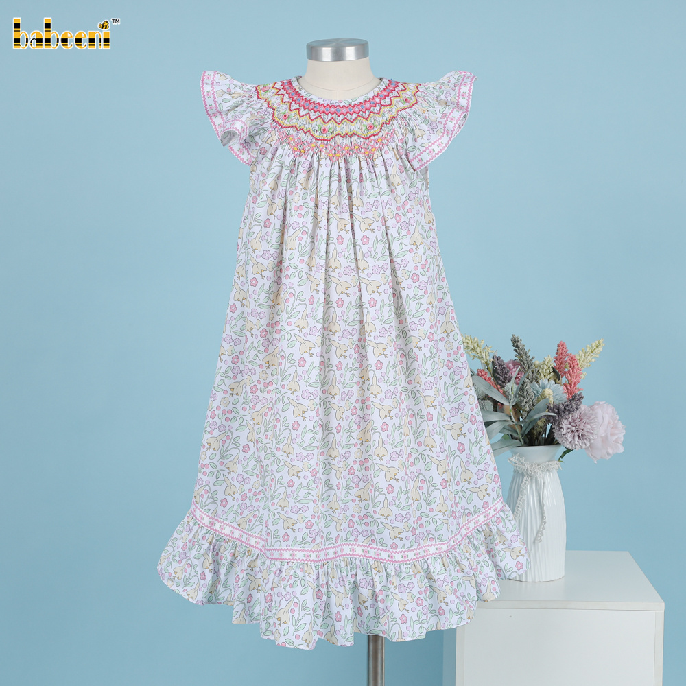 Girl Floral Geometric Dress Yellow OEM ODM kids smocked baby dress smocked girl dress kids clothing wholesale - DR3790