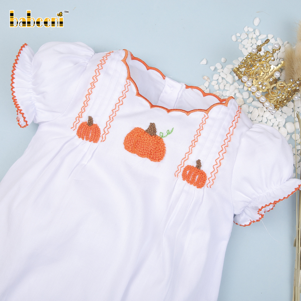 Pumpkin French knot embroidery baby girl bubble OEM ODM baby smocked romper wholesale manufacturer - BB2961