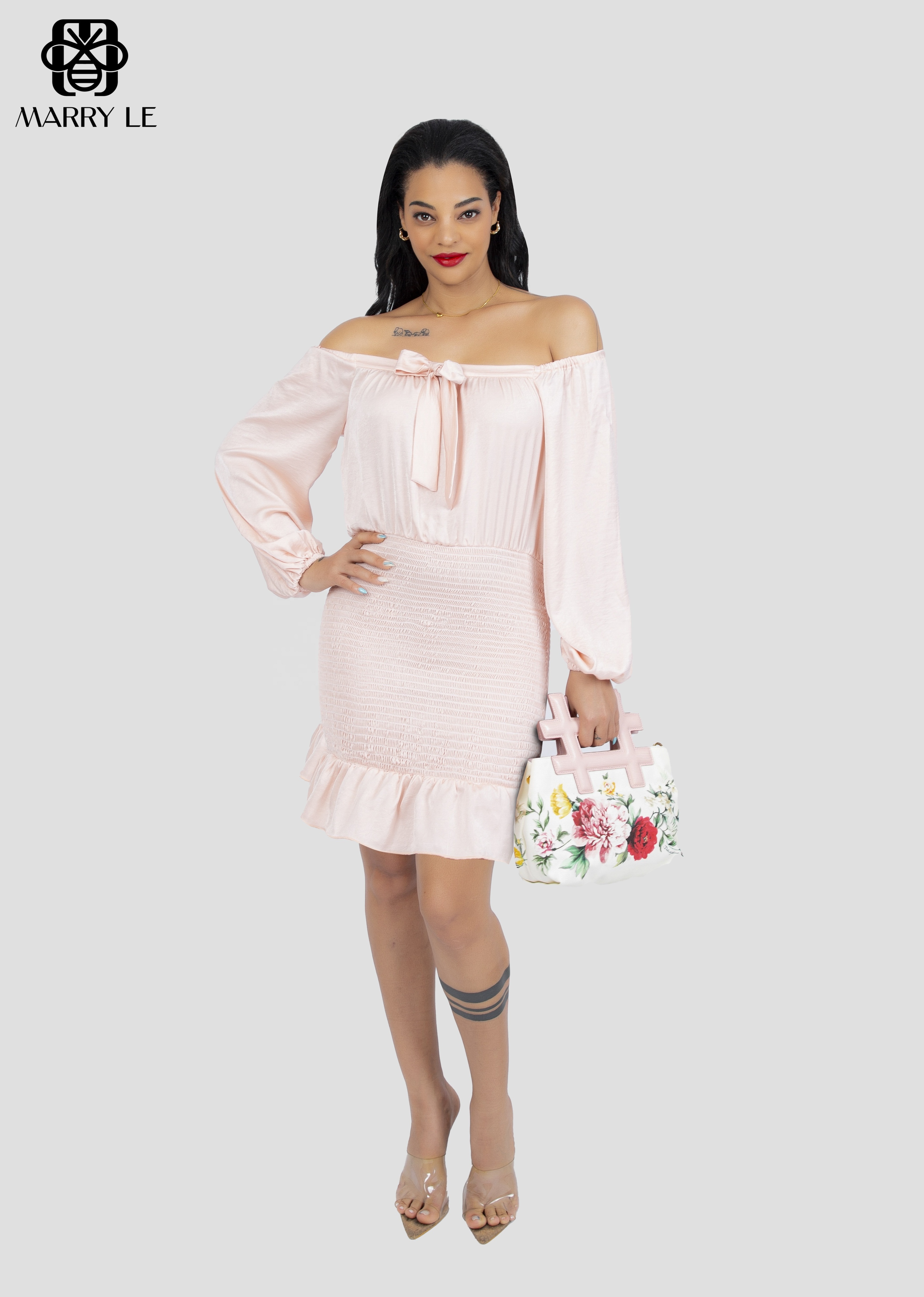 OFF-SHOULDER BUSINESS BABY PINK SATIN DRESS - MD26 Bring style and confidence everyday for sale