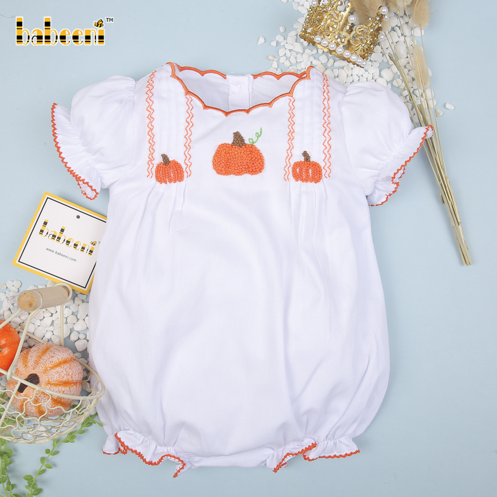 Pumpkin French knot embroidery baby girl bubble OEM ODM baby smocked romper wholesale manufacturer - BB2961