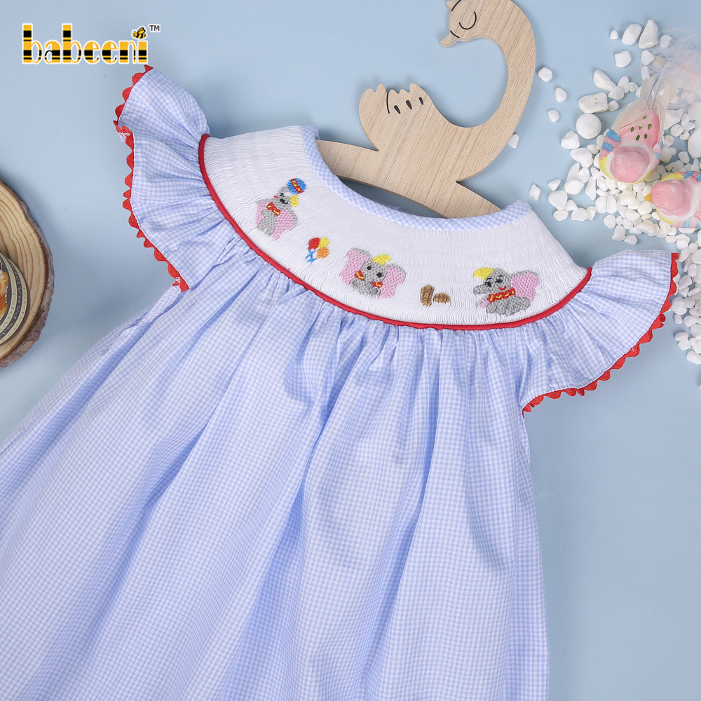 Elephant hand smocked baby girl bishop dress OEM ODM customized hand made embroidery wholesale smocked dresses - BB2873