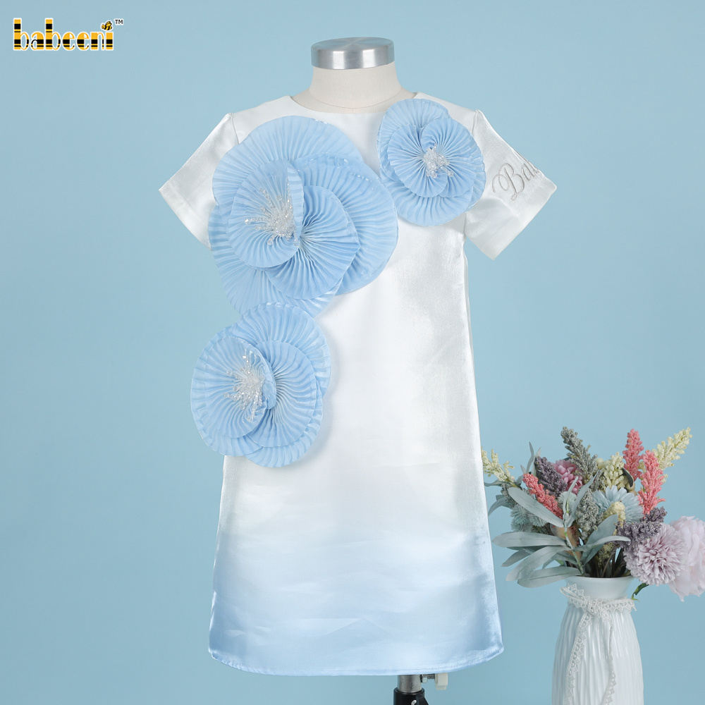 Girl taffeta Dress And Blue Flower OEM ODM kids smocked baby dress smocked girl dress kids clothing wholesale - DR3798