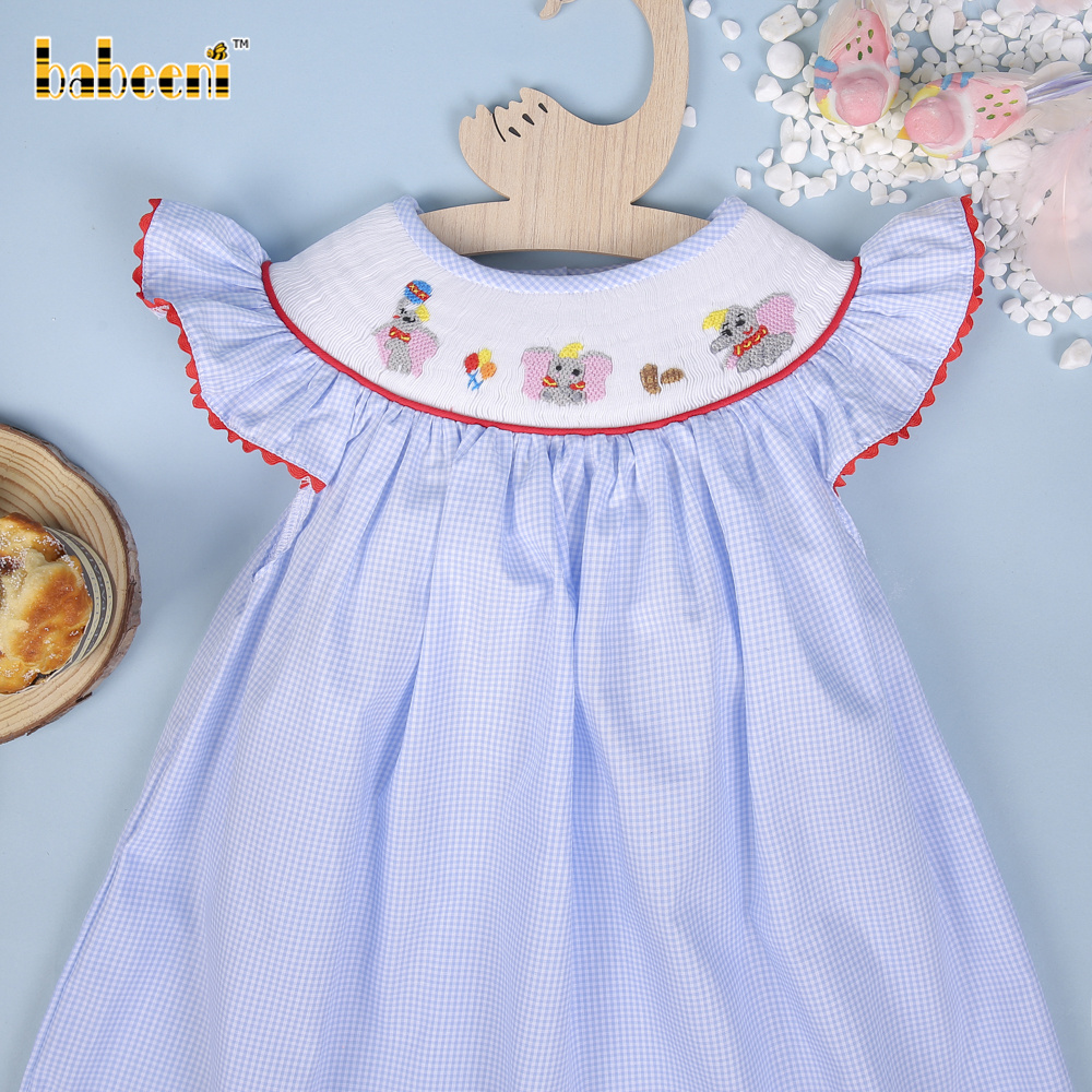 Elephant hand smocked baby girl bishop dress OEM ODM customized hand made embroidery wholesale smocked dresses - BB2873