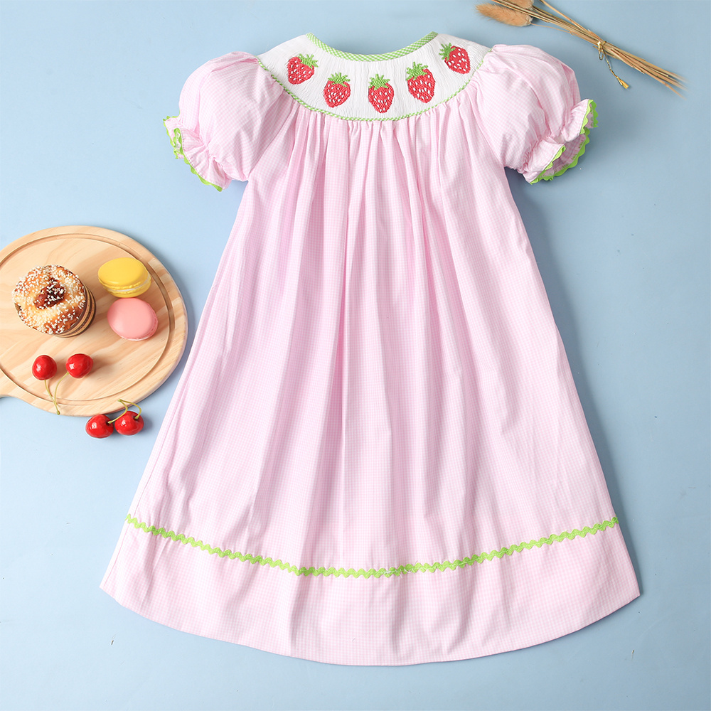 Lovely strawberry baby pink gingham smock dress OEM ODM girls dresses - BB2356