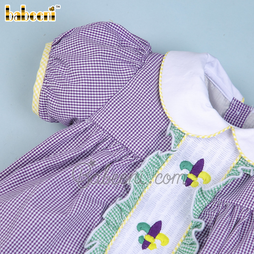 Mardi gras embroidery baby bubble OEM ODM girl smocked bubble wholesale girl smocked dress for girls - BB2683