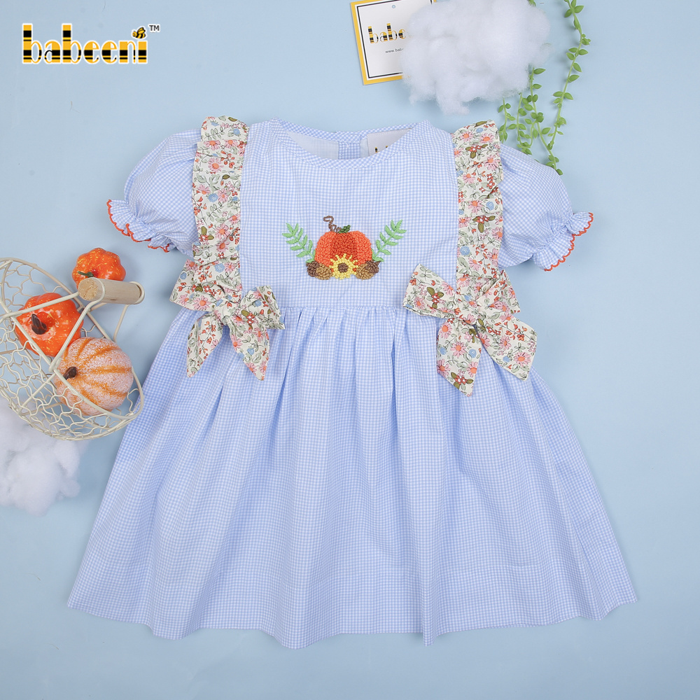 Pumpkin French knot embroidery baby ruffle dress OEM ODM kids smock dress customized embroidery wholesale manufacturer - BB3021