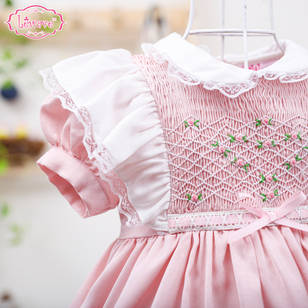 Lovely ribbon pink satin smock dress baby girls ODM OEM smocked dresses girl princess dresses - LD427