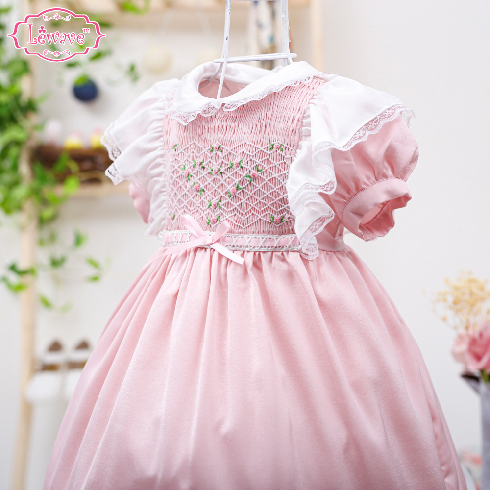 Lovely ribbon pink satin smock dress baby girls ODM OEM smocked dresses girl princess dresses - LD427