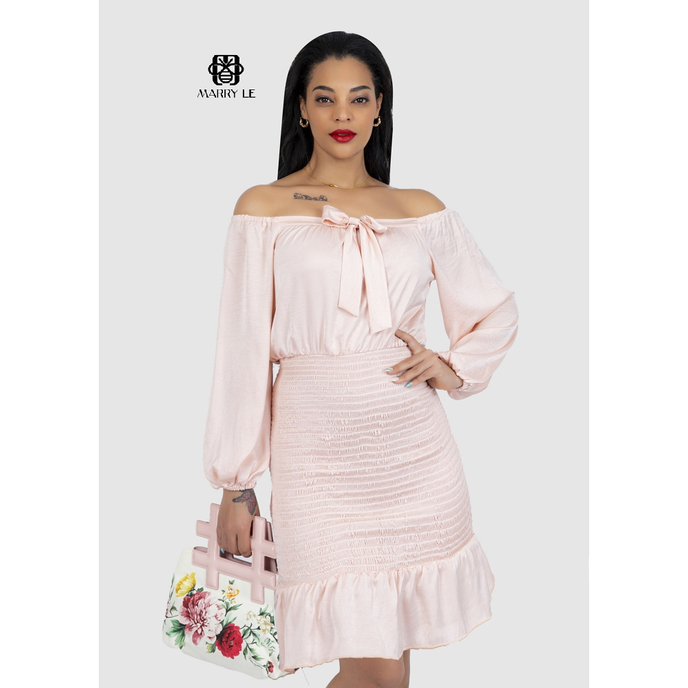 OFF-SHOULDER BUSINESS BABY PINK SATIN DRESS - MD26 Bring style and confidence everyday for sale