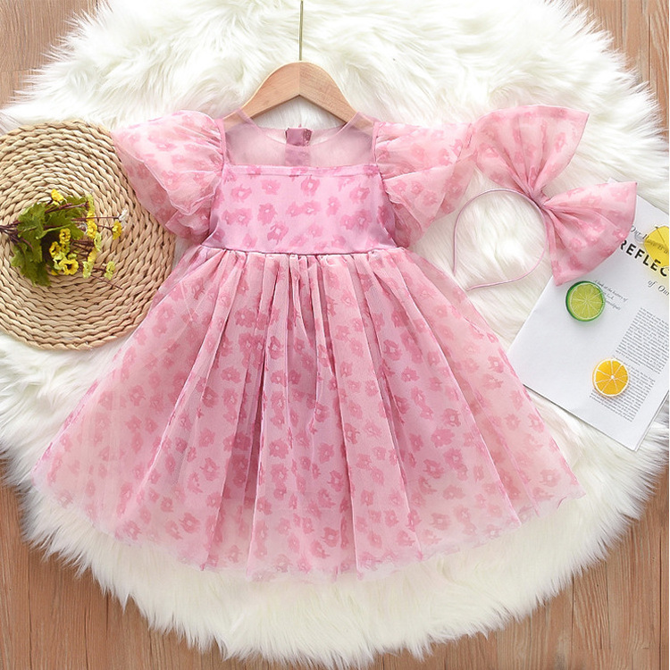 Ins Korean Summer Dress New Girls Baby Bow Bubble Sleeves Sweet Floral Square Collar Dress