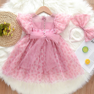 Ins Korean Summer Dress New Girls Baby Bow Bubble Sleeves Sweet Floral Square Collar Dress