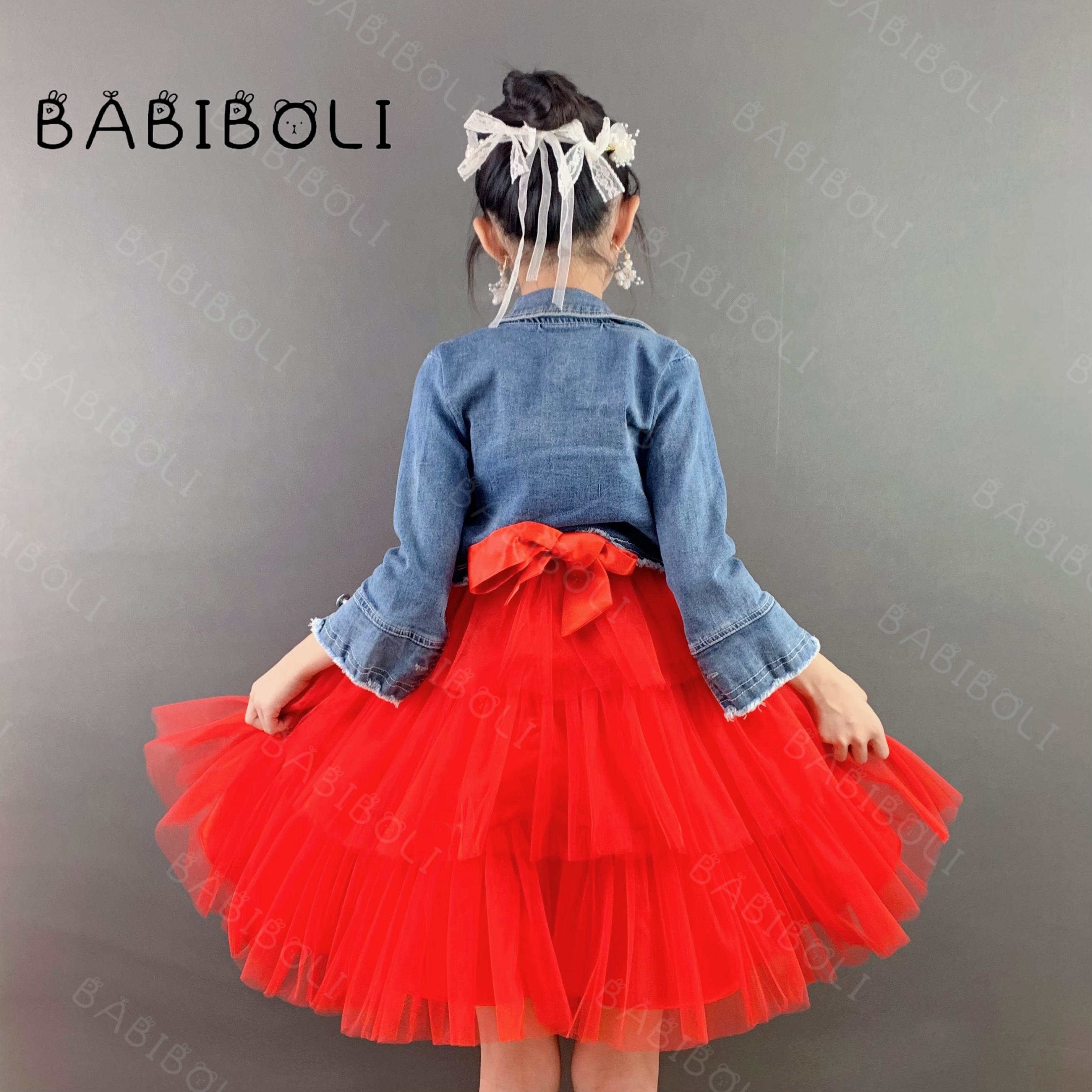 Babiboli Pretty Denim Jacket With Dresses Red Sequins Kids Clothing Tulle Gowns Baby Sequins Ruffle Lining Girls Party Frocks