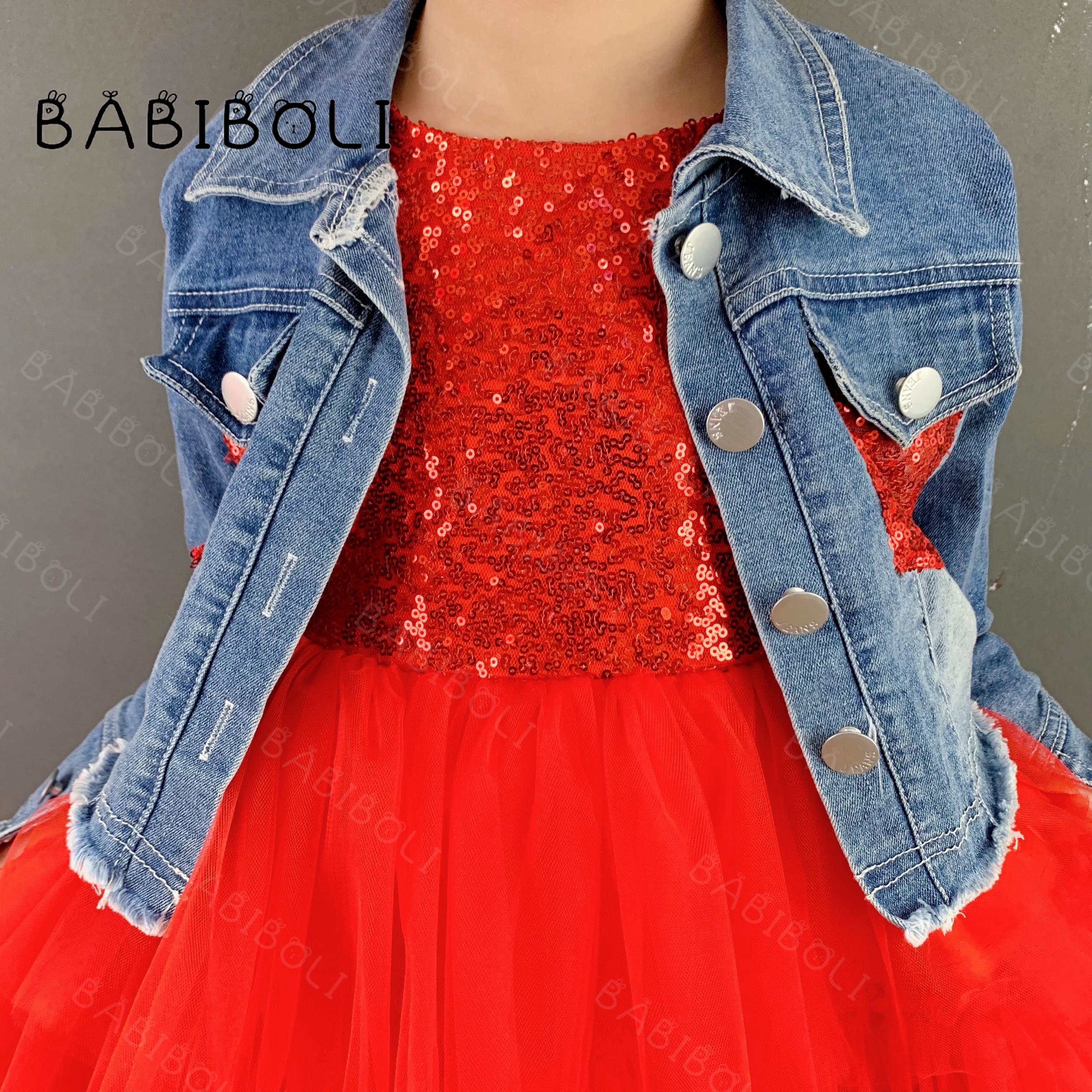 Babiboli Pretty Denim Jacket With Dresses Red Sequins Kids Clothing Tulle Gowns Baby Sequins Ruffle Lining Girls Party Frocks